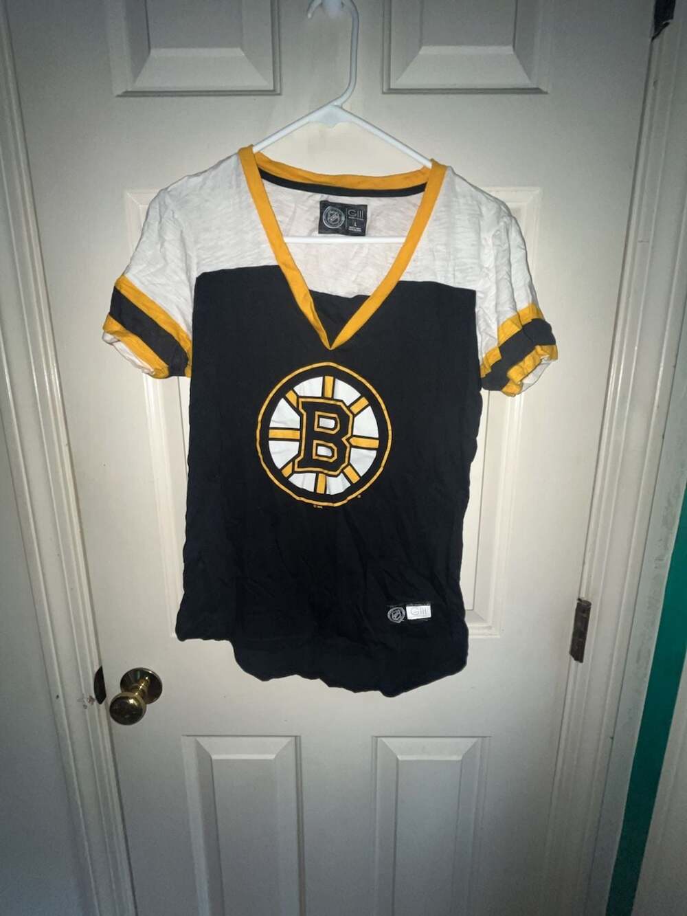 Carl Banks NHL Boston Bruins V-Neck T-Shirt Size L Black White Yellow